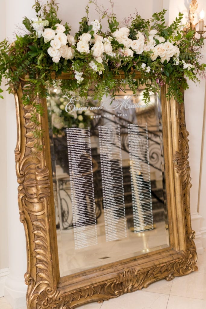 mirrored seating chart wedding decor, wedding decor and florals