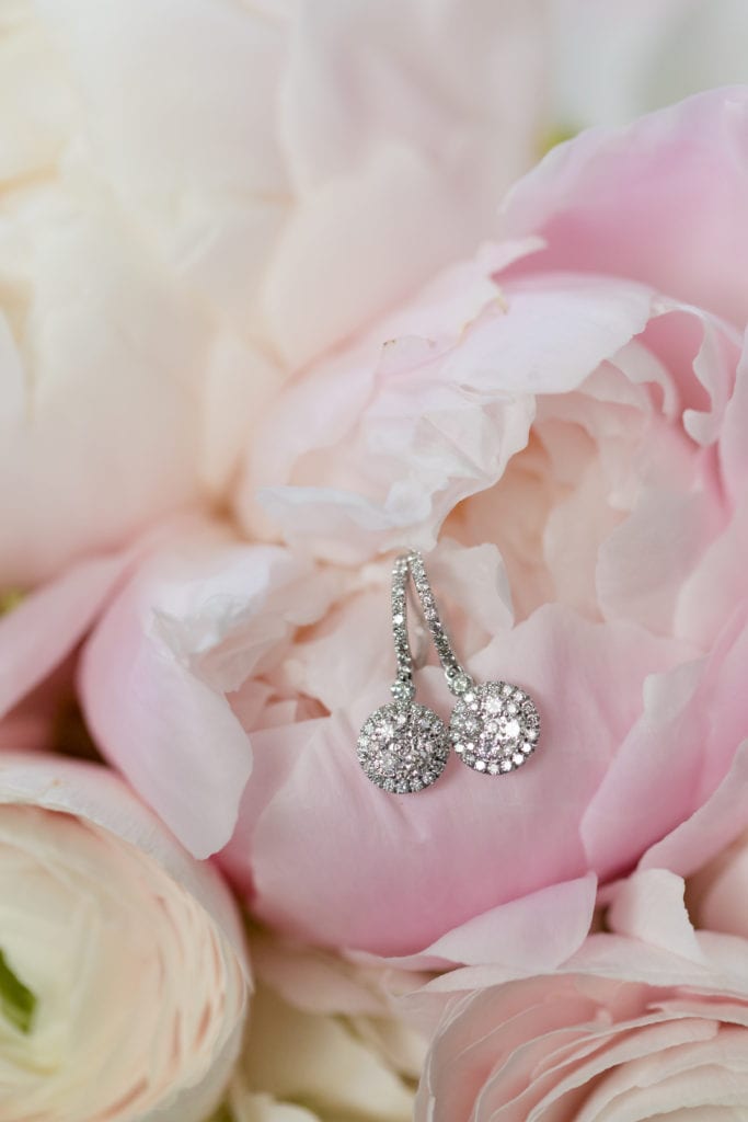 diamond wedding earrings, pink wedding flowers