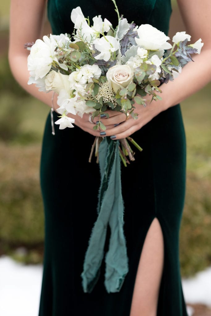 green velvet bridesmaids dress, winter bridesmaids bouquet
