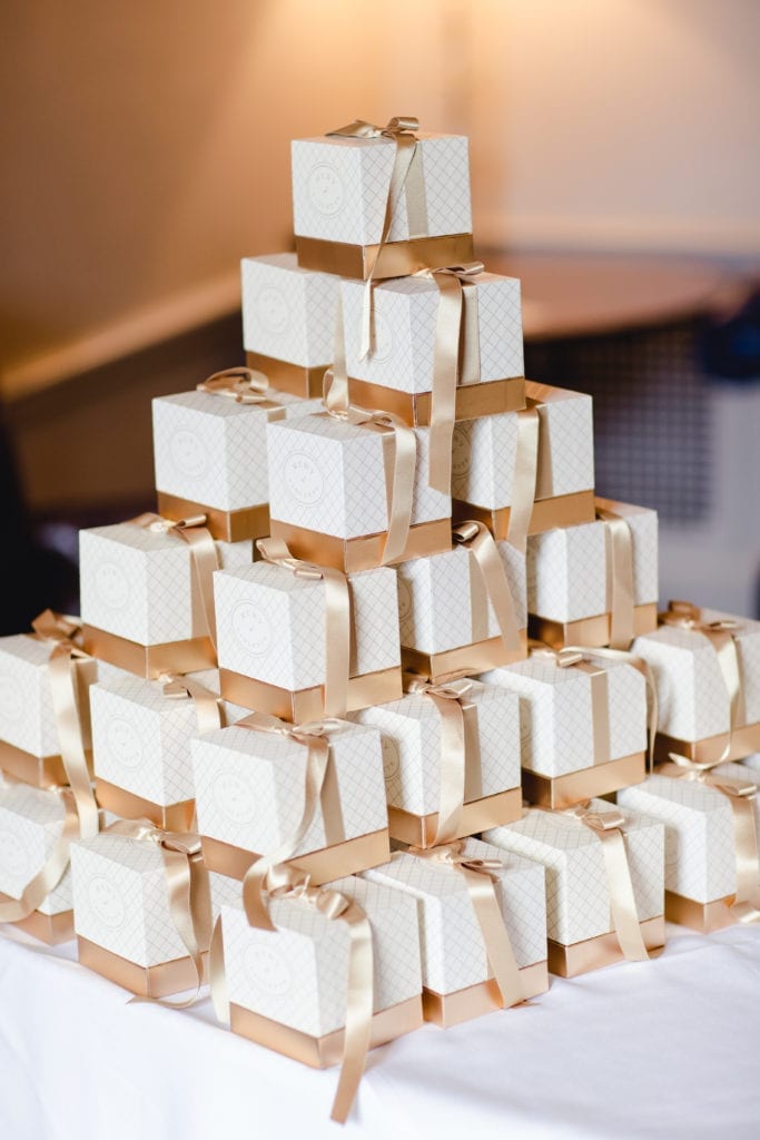 gold boxed wedding favors, winter wedding favor ideas
