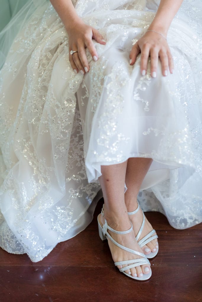 embroidered sequin lace berta bridal dress details, sequin bridal shoes