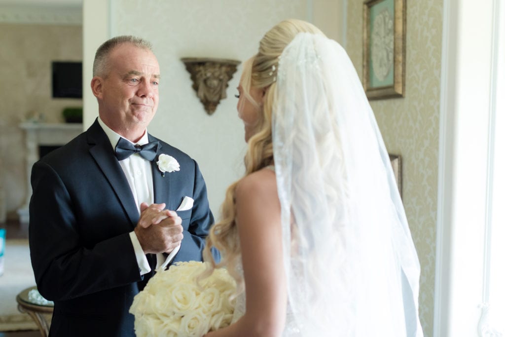 father in his black vera wang suit, father seeing his daughter in her wedding gown