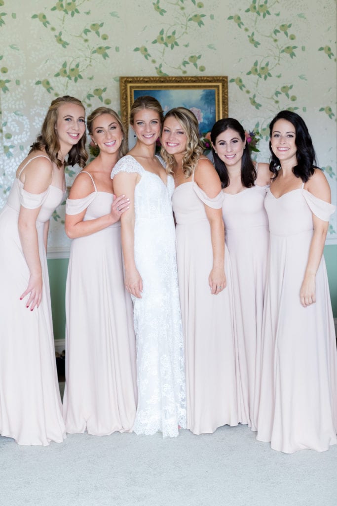 Reformation bridesmaids dresses, pale pink off shoulder bridesmaids dresses