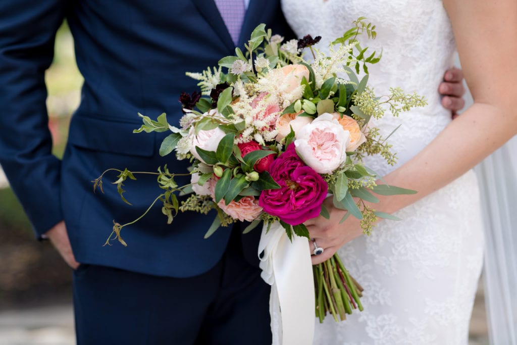 hot pink wedding bouquet, wild floral arrangement