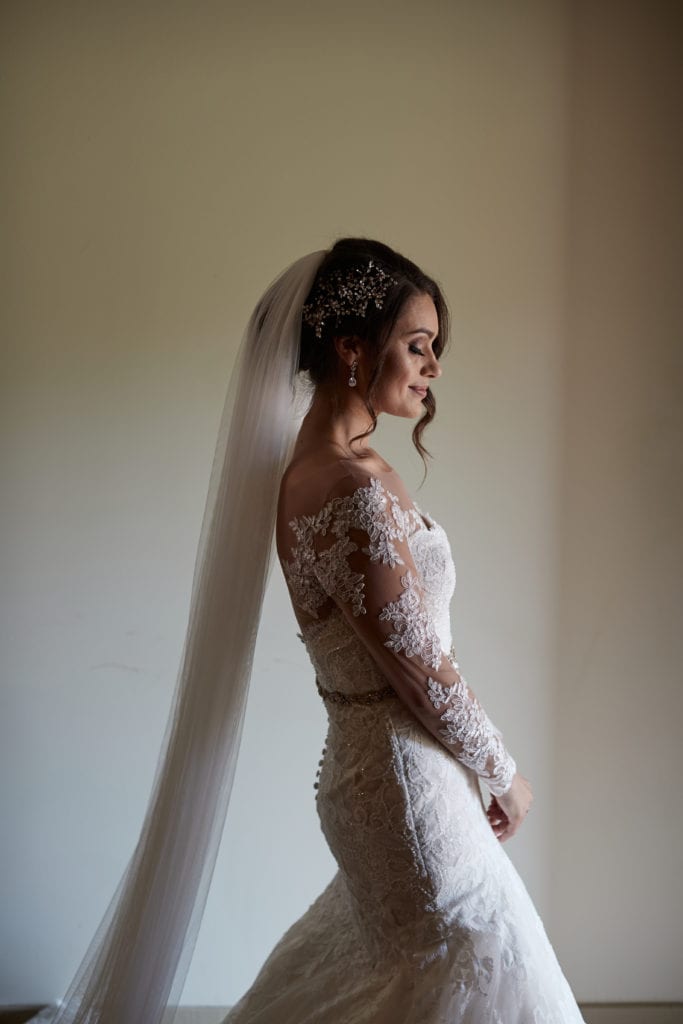 Pronovias long sleeve sheer lace wedding dress, wedding veil
