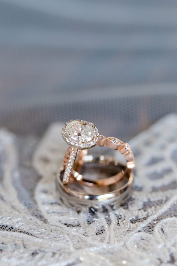 round halo rose gold engagement ring, rose gold wedding band