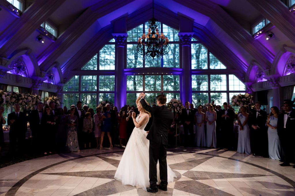 bride and grooms first dance at wedding reception