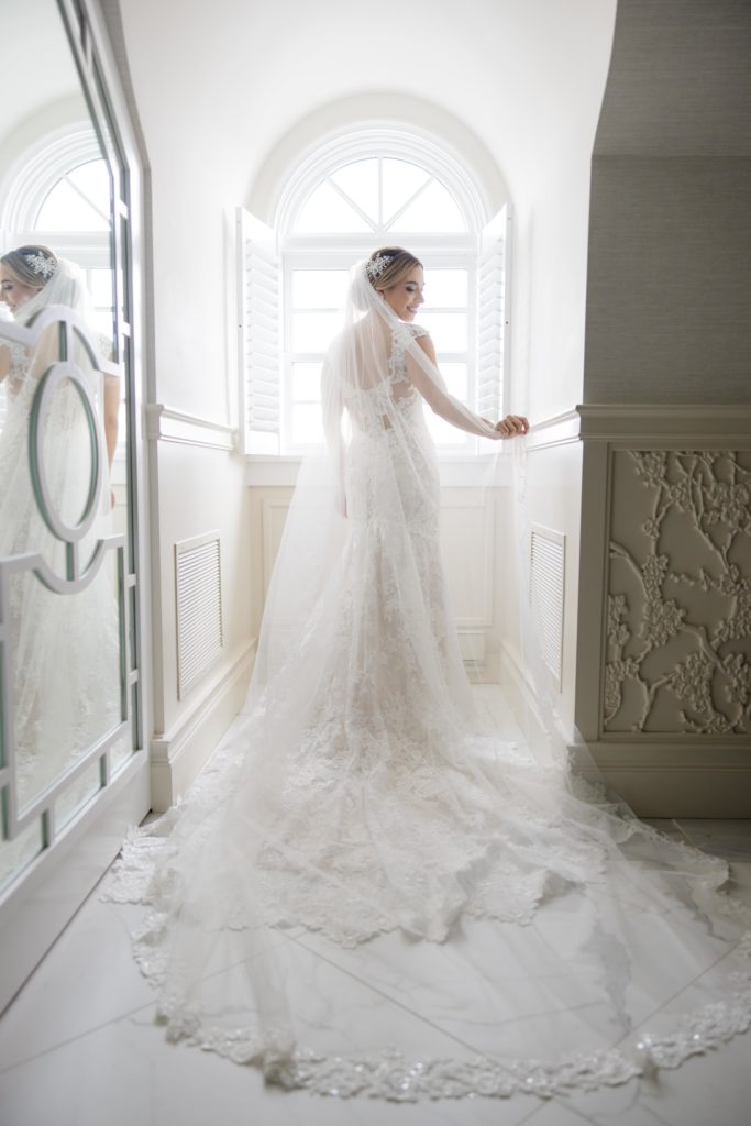 Maggie Sottero Designs wedding gown, veil detail