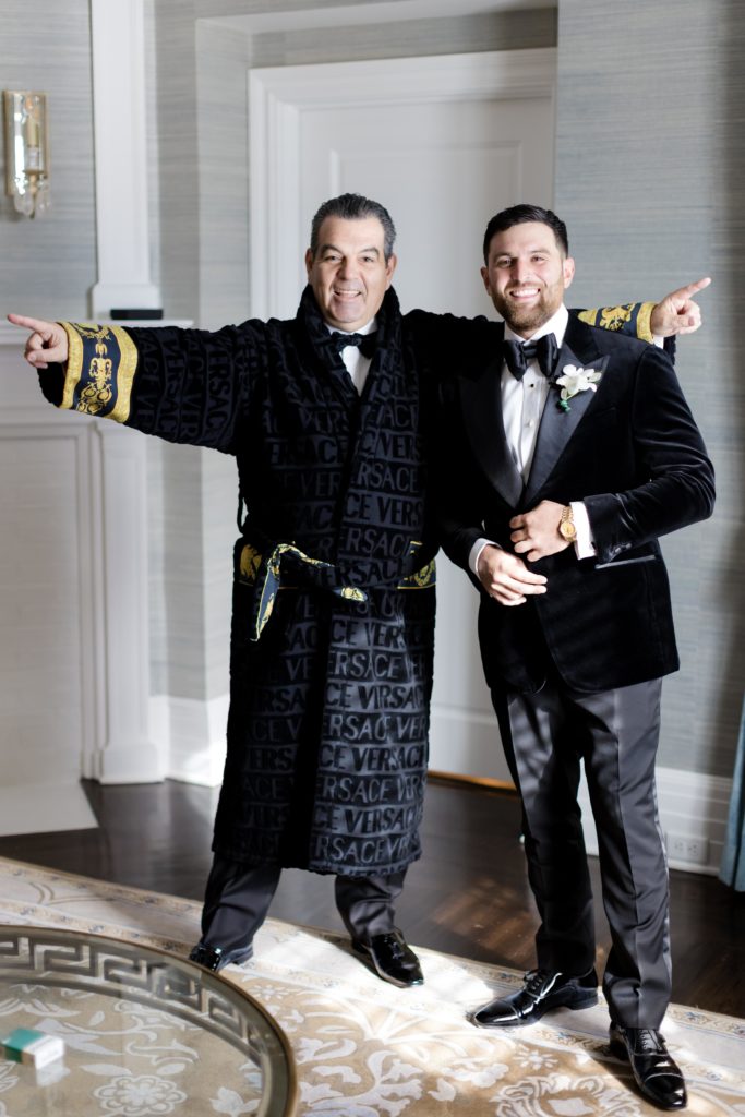 Groom and his father strike a pose, groom's preparations