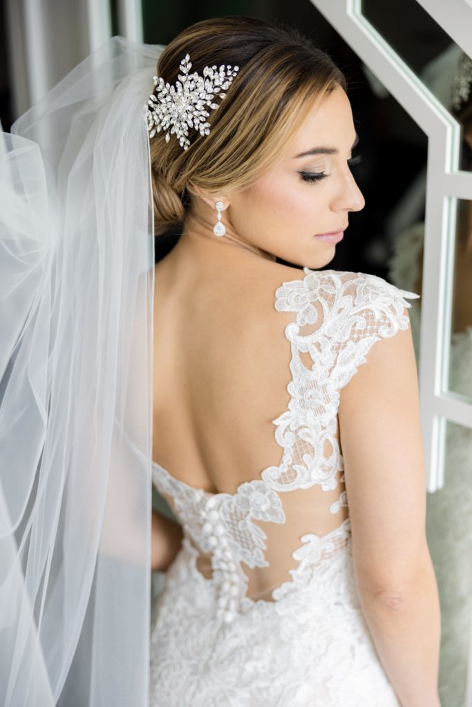 Maggie Sottero Designs wedding dress lace detail, veil detail