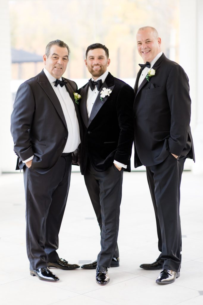 groom with father and father-in-law, classic tux