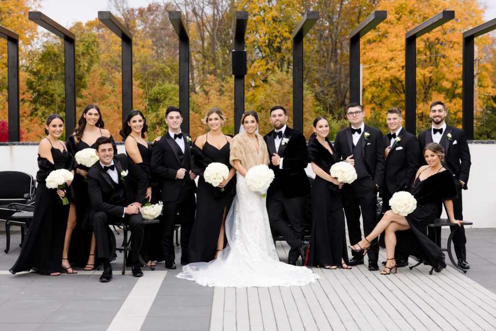 bridesmaid and groomsmen portraits, black and white, Maggie Sottero Designs wedding gown, classic tux