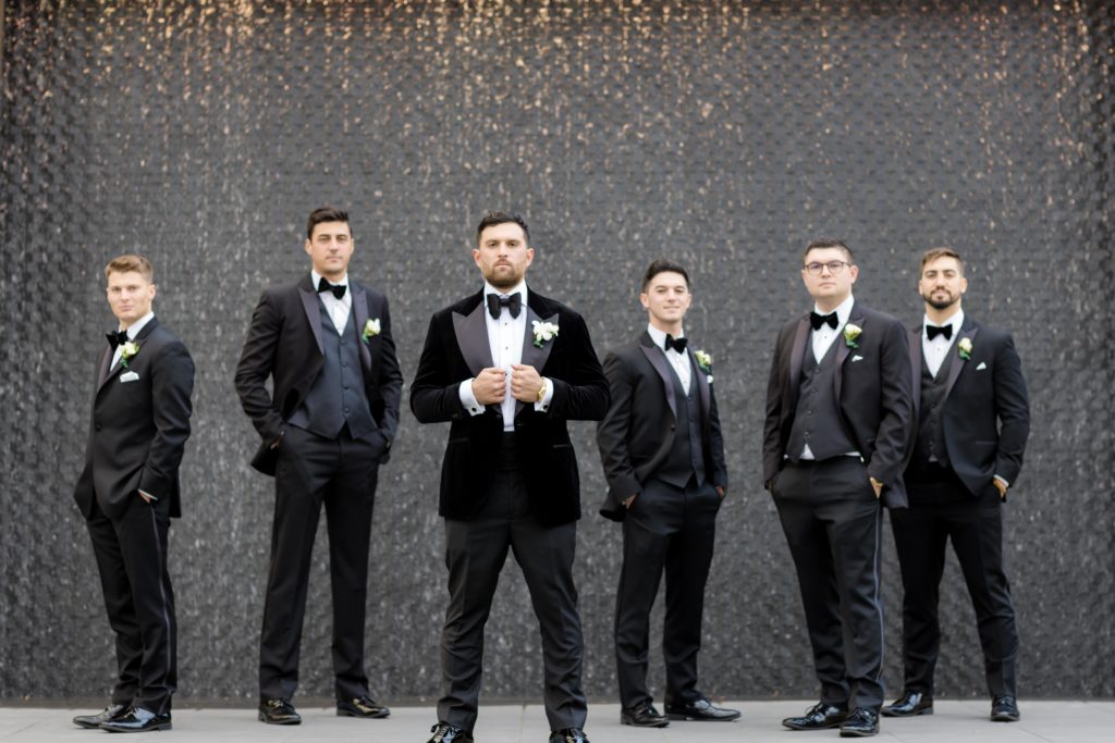 groom and groom's men, classic black and white tux