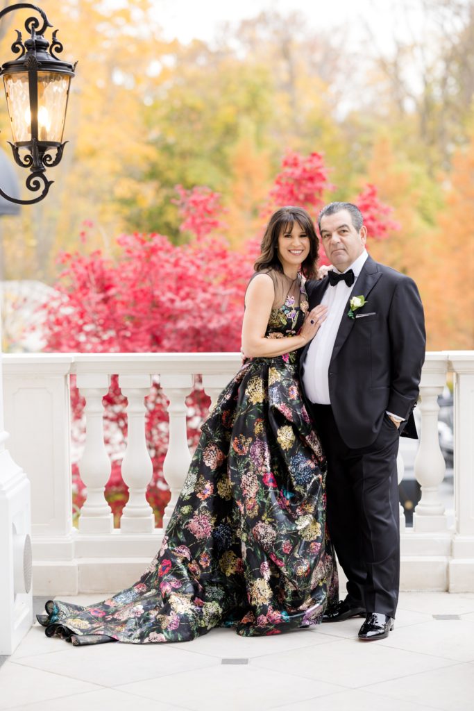 Groom's family, floral patterned dress, classic tux