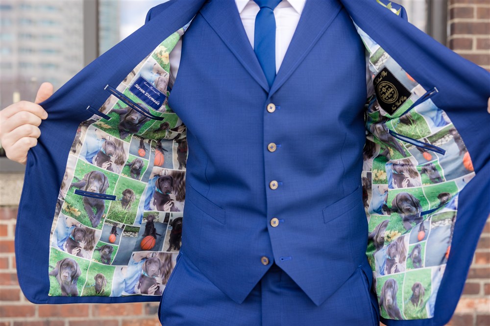 groom's custom blue wedding suit