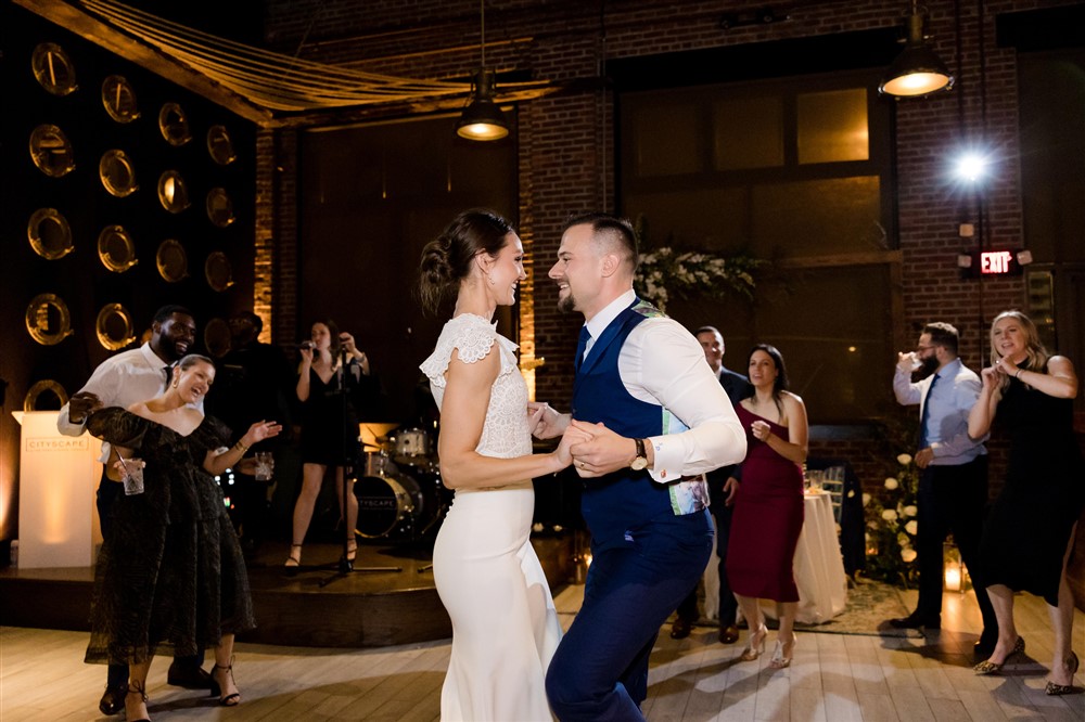 bride and groom dancing during reception