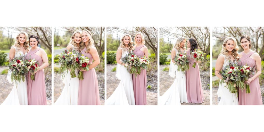 bride with bridesmaids wearing dusty rose dresses