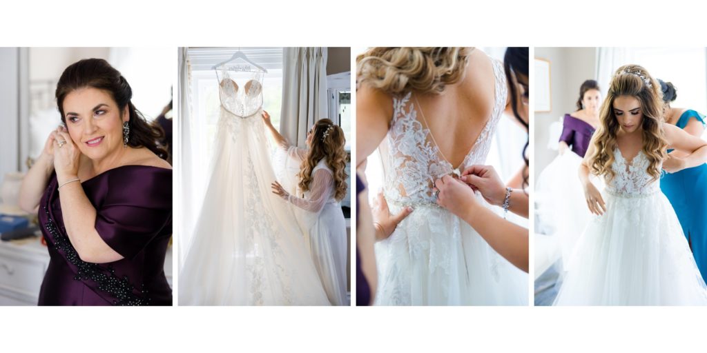 bride getting into wedding gown; wedding gown dress details