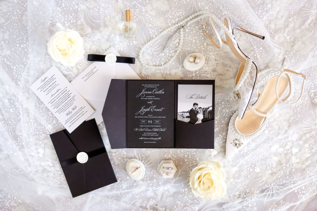 black and white wedding details and invite