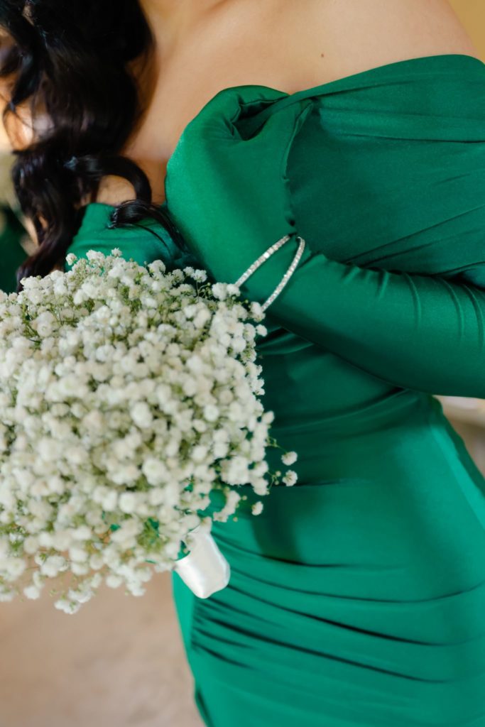 bridesmaid green dress with gloves