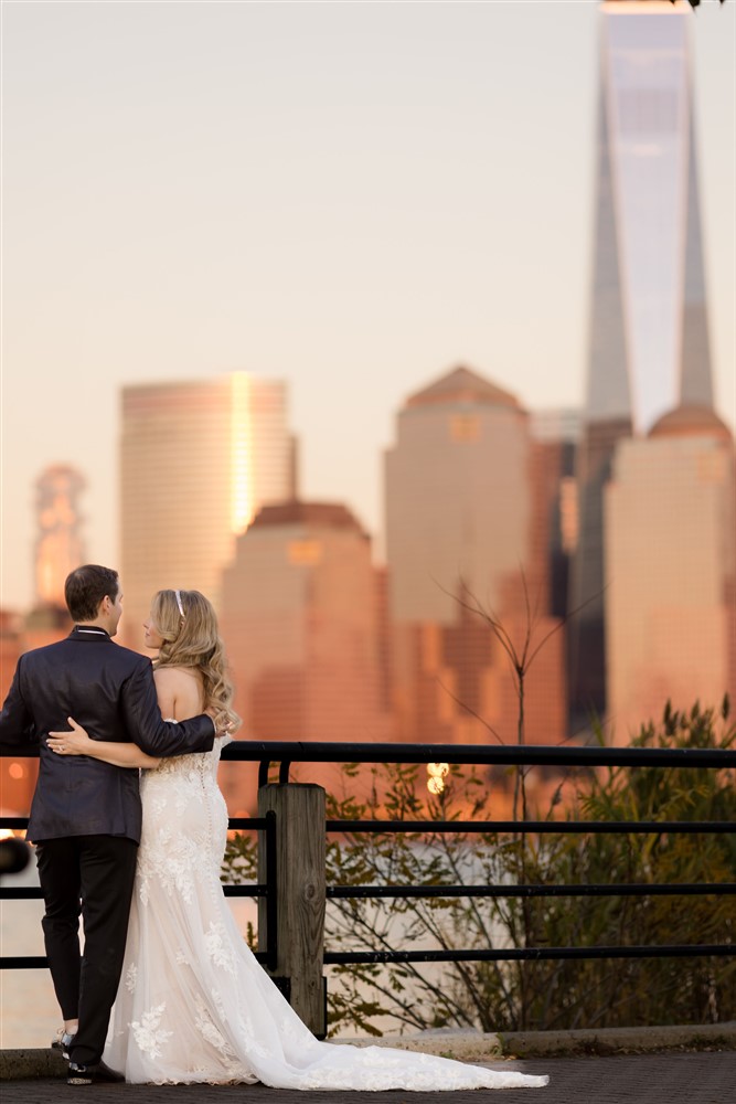 Bride and groom city view at liberty house wedding venue