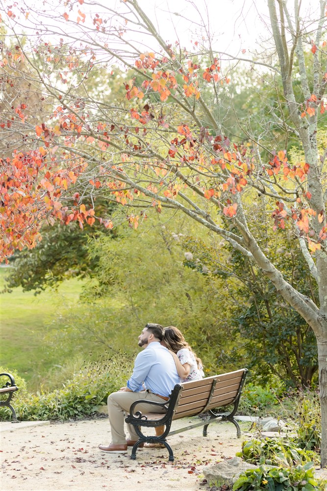ENGAGED COUPLE SAYEN GARDENS BY BENCH